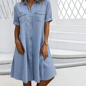 Elegant light blue button-down denim shirt dress with short sleeves and front pockets