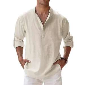 Chemise décontractée en coton et lin pour hommes, beige, à manches longues et col officier