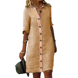 Women's cotton linen shirt dress with decorative round buttons and middle sleeves