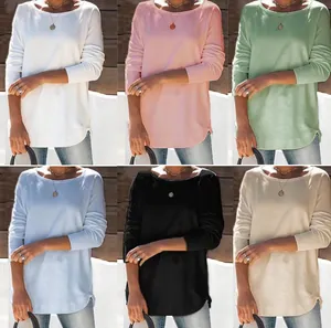 Dames Casual Ronde Hals Lange Mouw Effen Kleur Top Losse Pasvorm Ronde Zoom Polyester T-Shirt Voor Herfst Dagelijks Gebruik