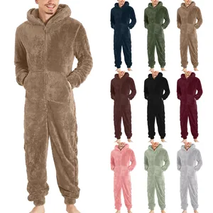 Men's Thickened Fleece Hooded Jumpsuit Pajamas Polyester One Piece Robe Warm Winter Loungewear With Front Zipper And Pockets