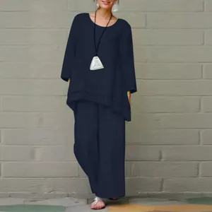 Damen Übergröße marineblaues Baumwoll-Leinen Retro Casual Set mit Langarm-Tunika