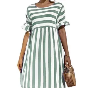 Casual green and white striped dress with ruffle sleeves and a vertical skirt design