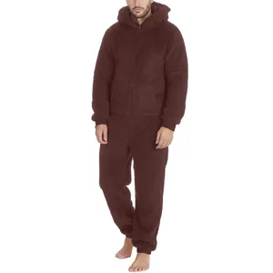 Detail view of men's dark brown plush hooded onesie pajamas with front zipper closure.