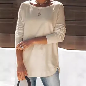 Casual damestop met lange mouwen en ronde hals in effen crème kleur