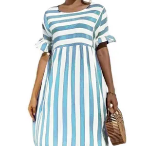 Casual blue and white striped dress featuring ruffle short sleeves and a relaxed fit.