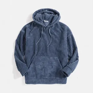 Men Corduroy Hoodie Thickened Long Sleeve Solid Color Kangaroo Pocket Drop Shoulder Casual Sporty Pullover Hooded Sweatshirt Top
