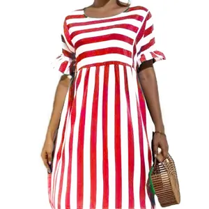 Casual women's dress featuring red and white striped pattern and ruffle short sleeves