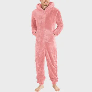 Men's warm pink plush hooded onesie pajamas with zipper closure
