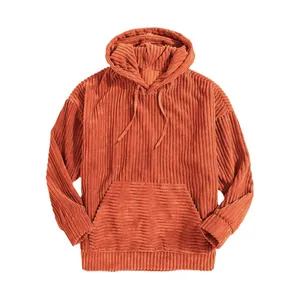 Premium men's thick corduroy long-sleeve hoodie in burnt orange with kangaroo pocket