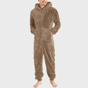 Full-length view of a men's brown plush hooded onesie with front zipper and pockets
