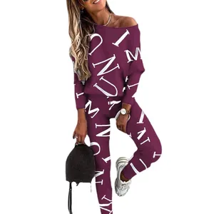 Herbstliches Damen Zweiteiler Freizeitset mit Buchstabenmuster und langer Hose