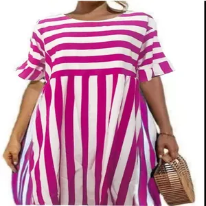 Women's casual pink and white striped midi dress featuring ruffle short sleeves and pockets