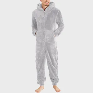 Cozy light gray men's fleece hooded onesie with front zipper and pockets detail view