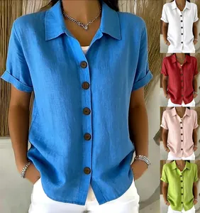 Casual women's short-sleeve cotton linen button-up shirt shown in multiple vibrant colors