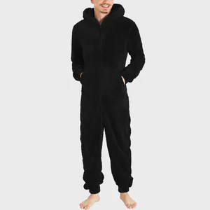 Cozy men's black fuzzy hooded onesie pajama with a front zipper and pockets detail