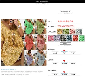 Vista detallada del vestido floral suelto con mangas acampanadas en varios colores y corte