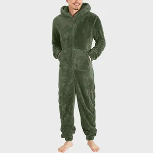 Full-body view of men's warm green plush hooded one-piece pajamas with front zipper.