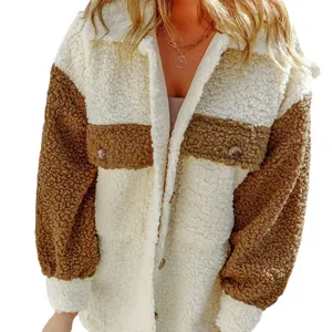 Stylish women's oversized color-block fuzzy fleece jacket with pockets and buttons