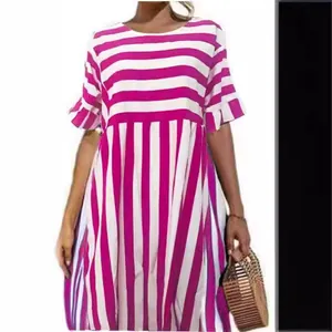Pink and white striped casual dress with ruffled sleeves and a loose pleated skirt
