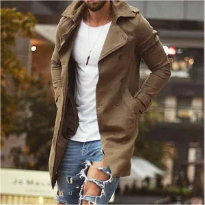 Detail view of stylish men's khaki mid-length slim fit trench coat windbreaker jacket