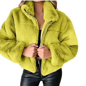 Cozy lime yellow faux fur jacket with front zipper for autumn and winter