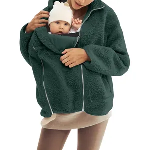Warm dark green sherpa fleece maternity jacket with functional baby-carrying pouch