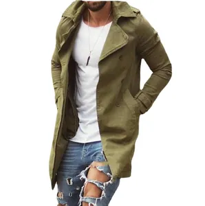 Military style men's olive green mid-length slim-fit trench coat casual jacket