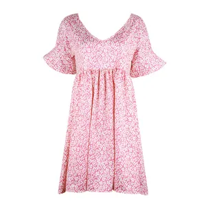 Vestido de verano rosa con flores para mujer, cuello en V, mangas acampanadas y corte holgado