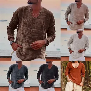 Chemise Décontractée en Lin Délavé Vintage pour Hommes Haut Ample à Col en V et Manches Longues à Bords Francs Bohème Rétro Couleur Unie