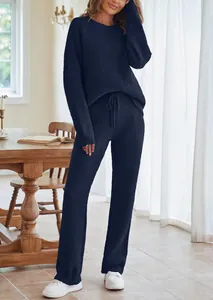 Dunkelblaues Fleece-Loungewear-Set für Damen mit Rundhalsausschnitt und Kordelzug-Hose