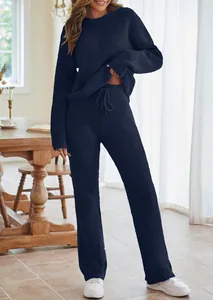 Premium-Damen-Lounge-Set aus marineblauem Plüsch mit Langarmshirt und Kordelzughose