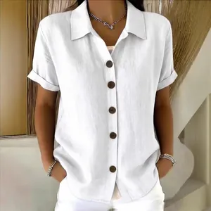 Casual white cotton linen button-up short sleeve shirt for women summer style