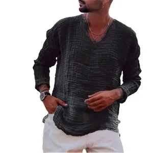 Chemise décontractée en lin pour hommes avec col en V et détails de bords effilochés