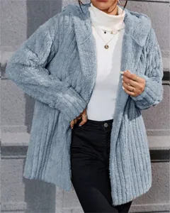 Detail view of light blue vertical striped polar fleece hooded jacket with soft texture