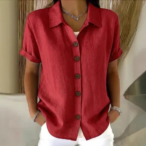 Women's casual short sleeve button-down cotton linen shirt in dark red for summer