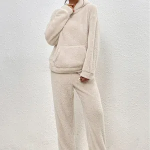 Women Winter Warm Teddy Fleece Hooded Sweatshirt And Pants Set Solid Color Long Sleeve Loungewear Outfit With Pockets Top And Bottom