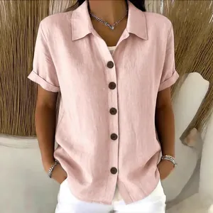 Casual pink linen short sleeve button-down shirt for women in a relaxed summer style