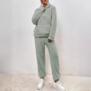 Women's two-piece light green fuzzy fleece hooded loungewear set for autumn and winter