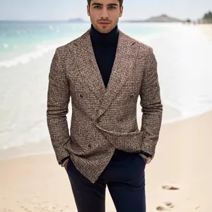 Veste blazer en tweed à double boutonnage marron pour homme pour look décontracté