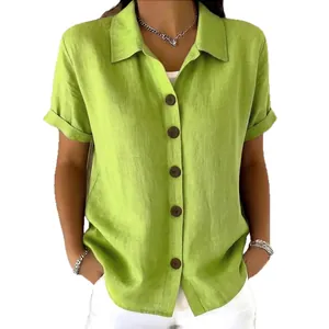 Casual lime green linen cotton short sleeve button down shirt for women with collar