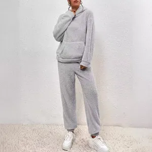 Cozy light grey fuzzy fleece hooded sweatshirt and matching pants loungewear set