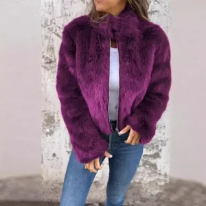 Elegante lila Kunstpelzjacke für Damen mit Stehkragen und Reißverschluss für Winter