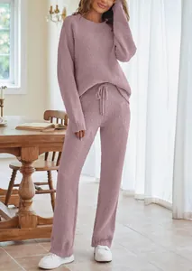 Gemütliches lila flauschiges Loungewear-Set für Damen mit langen Ärmeln und Tunnelzughose