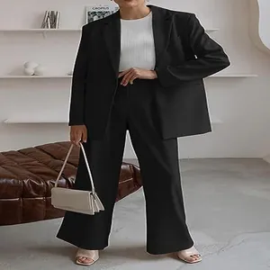 Elegant black two-piece blazer and wide-leg trousers professional suit for women