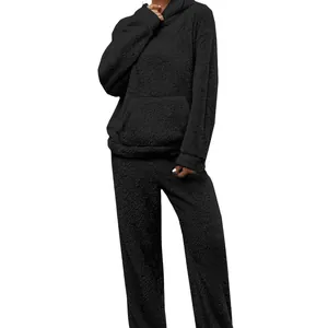 Women's 2-piece fuzzy fleece hoodie and pants lounge set in black