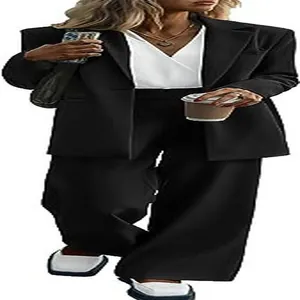 Women's elegant professional black blazer and wide-leg trousers suit set for office wear