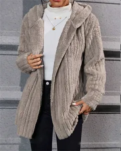 Detailed view of the warm grey vertical stripe fleece hooded jacket on a model
