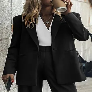 Detailed view of a tailored women's black professional blazer suit for office and casual wear