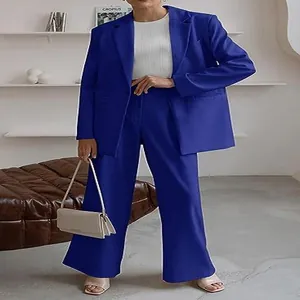 Royal blue women's two-piece blazer and wide-leg trouser suit set